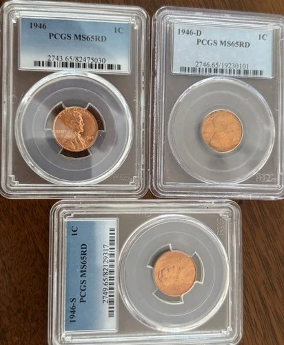 1946-P,D,S Lincoln Wheat CentS MS65 RED PCGS. Lot of 3.