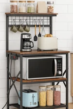 Bakers Rack Power Outlet 4 Tier Microwave Stand Coffee Bar Storage Rustic Brown