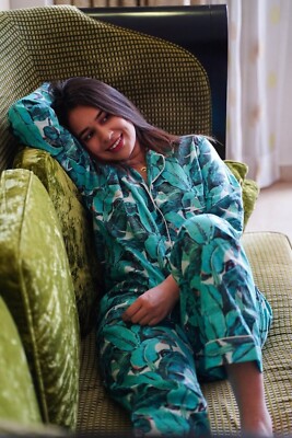 Indian 100% Cotton Green Leaf Printed PJ Sets Women's Sleepwear Night Suit  US