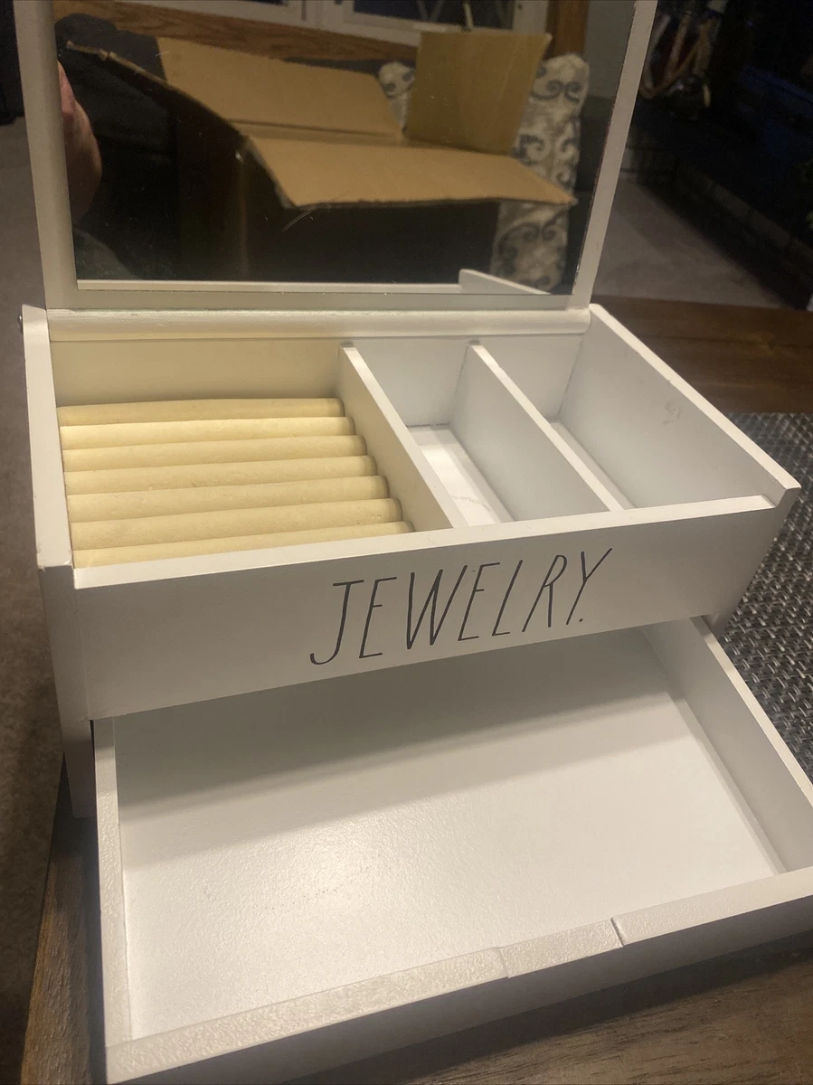 Rae Dunn JEWELRY Box Organizer Mirror Drawer Wood White 2020 Trinket Box
