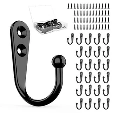 25 Pcs Black Wall Mounted Coat Hooks with Screws for Hats Towels Keys