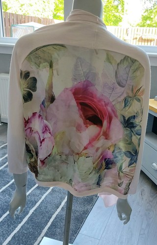 Cardigan Ted Baker Peony stampato rosa polvere cascata avvolgente taglia 14 nuovo con etichette