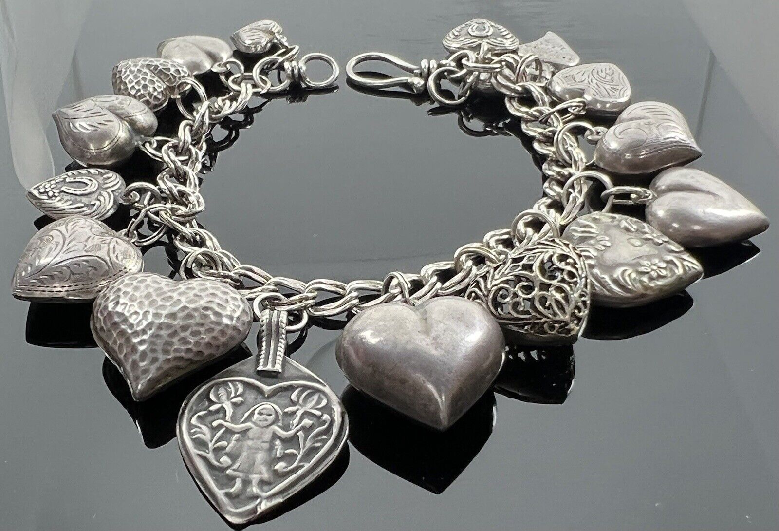 Vintage Puffed/Puffy Heart Charm Bracelet, Charm Factory