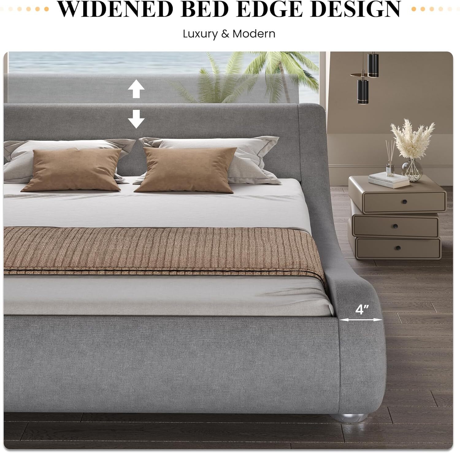 Upholstered Bed Frame, Deluxe Low Profile Sleigh Bed and linen Headboard, Grey