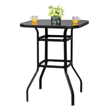 VINGLI Outdoor Bar Table Bistro Table Metal Frame Tempered Glass Table Top