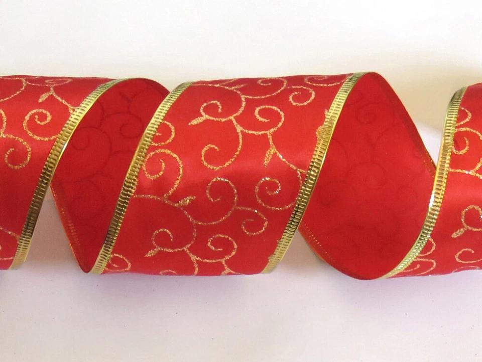 5 or 40 FEET 2 1/2" Christmas Wired Red Satin Ribbon Gold Glitter Tree Garland - Image 4 of 4