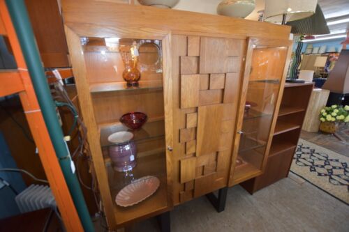 Lit Mid-Century Modern Wood Brutalist Floating Hutch Glass cabinets Shelves  - Picture 1 of 12