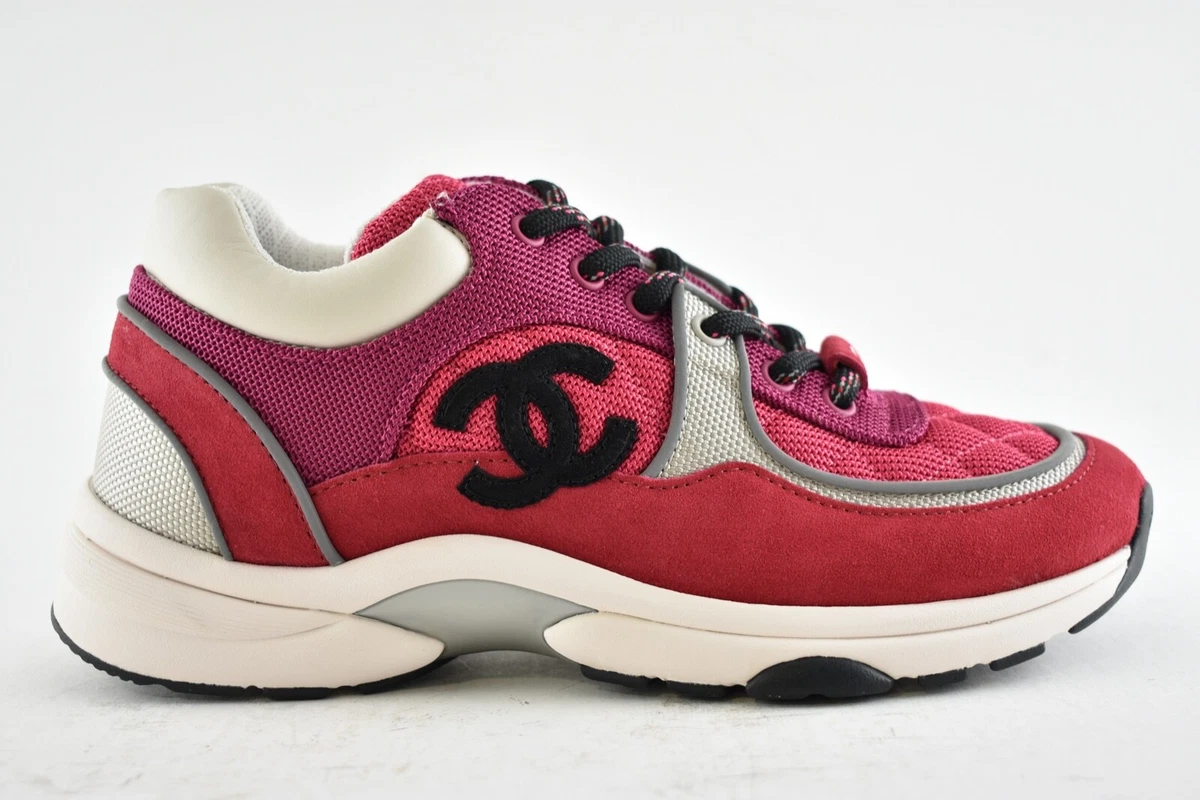 Chanel 21B Pink Black White Silver CC Logo Tie Flat Runner Trainer Sneaker  39