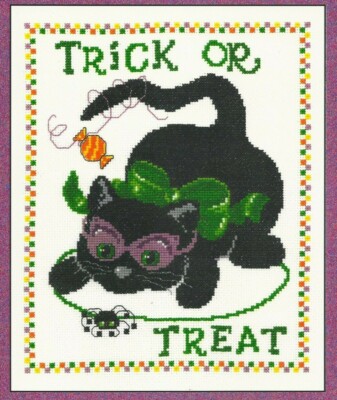 TRICKY KITTY--Halloween--Spider--Trick or Treat-Cat-Counted Cross Stitch Pattern