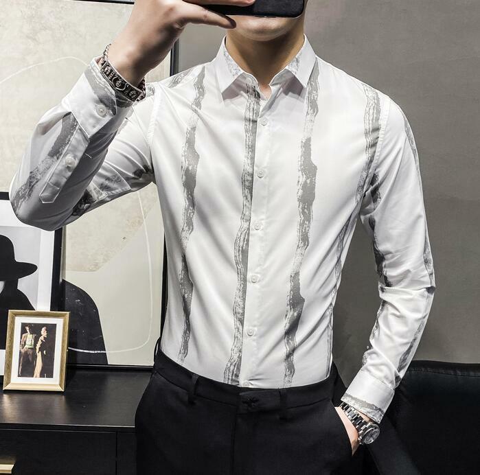 Men's Fashion Long Sleeve Youth Casual Slim Shirt Stripe Dress Shirt Party  Top