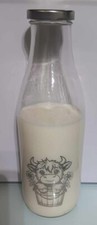 ETCHED GLASS BOTTLE  - 1L GLASS MILK / JUICE BOTTLES with LID - HIGHLAND COWS