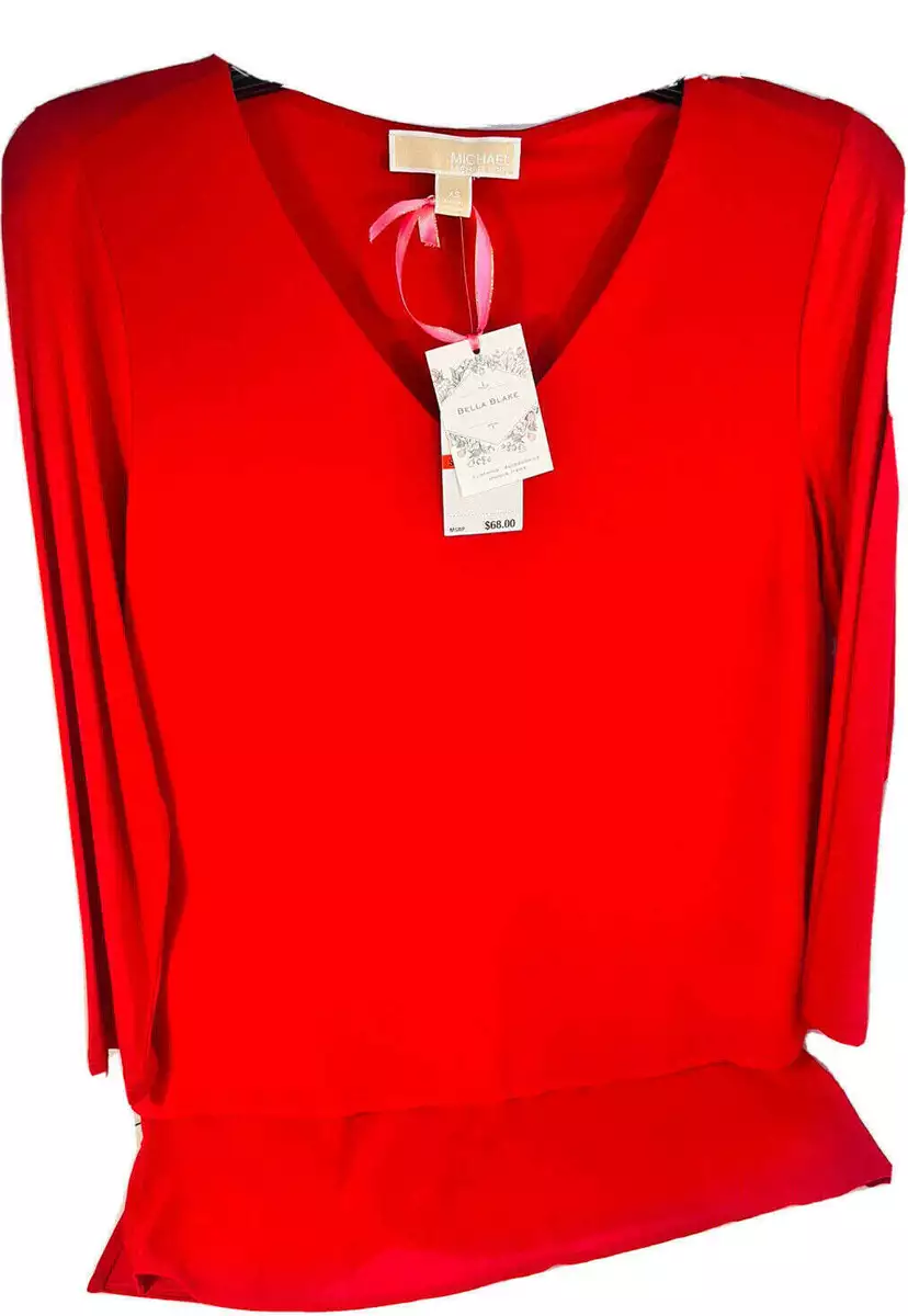 Michael Kors Blouse XS Crimson Red Ladies MK logo V Neck Soft pullover NWT 68