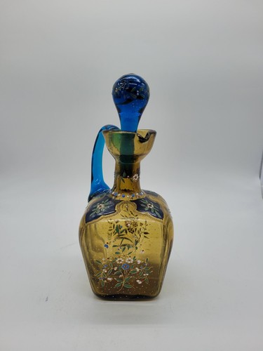 Enameled Theresienthal Art Glass DecanterVintage With Stopper Blue And Gold - Picture 2 of 11