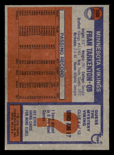 1976 Topps Fran Tarkenton #500 EX-MT Minnesota Vikings - Bild 2 von 2
