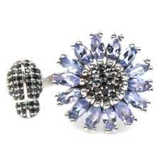 925 Sterling Silver 2 x 5 mm. Blue Tanzanite  Black Spinel Ring Size 7