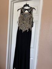 XSCAPE Black Gold Embroidered Beaded Mesh Sleeveless Long Gown Round Neck L