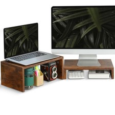 2 PCS Rustic Brown Wood 2 Tier Adjustable Dual Monitor Stand Riser Desktop