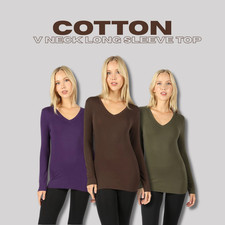 V Neck Cotton Long Sleeve Top Basic Soft Stretch Fitted Layering T-Shirt Small 