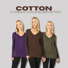 V Neck Cotton Long Sleeve Top Basic Soft Stretch Fitted Layering T-Shirt *Small*