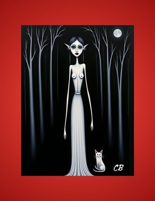 Forest Witch & White Cat Print | Gothic Fantasy Art | Moon Night Elf Fae