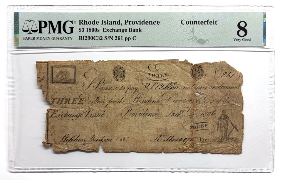 1806 $3 The Exchange Bank - Providence, RHODE ISLAND (CTFT.) Note PMG VG 8 - Image 3 of 3
