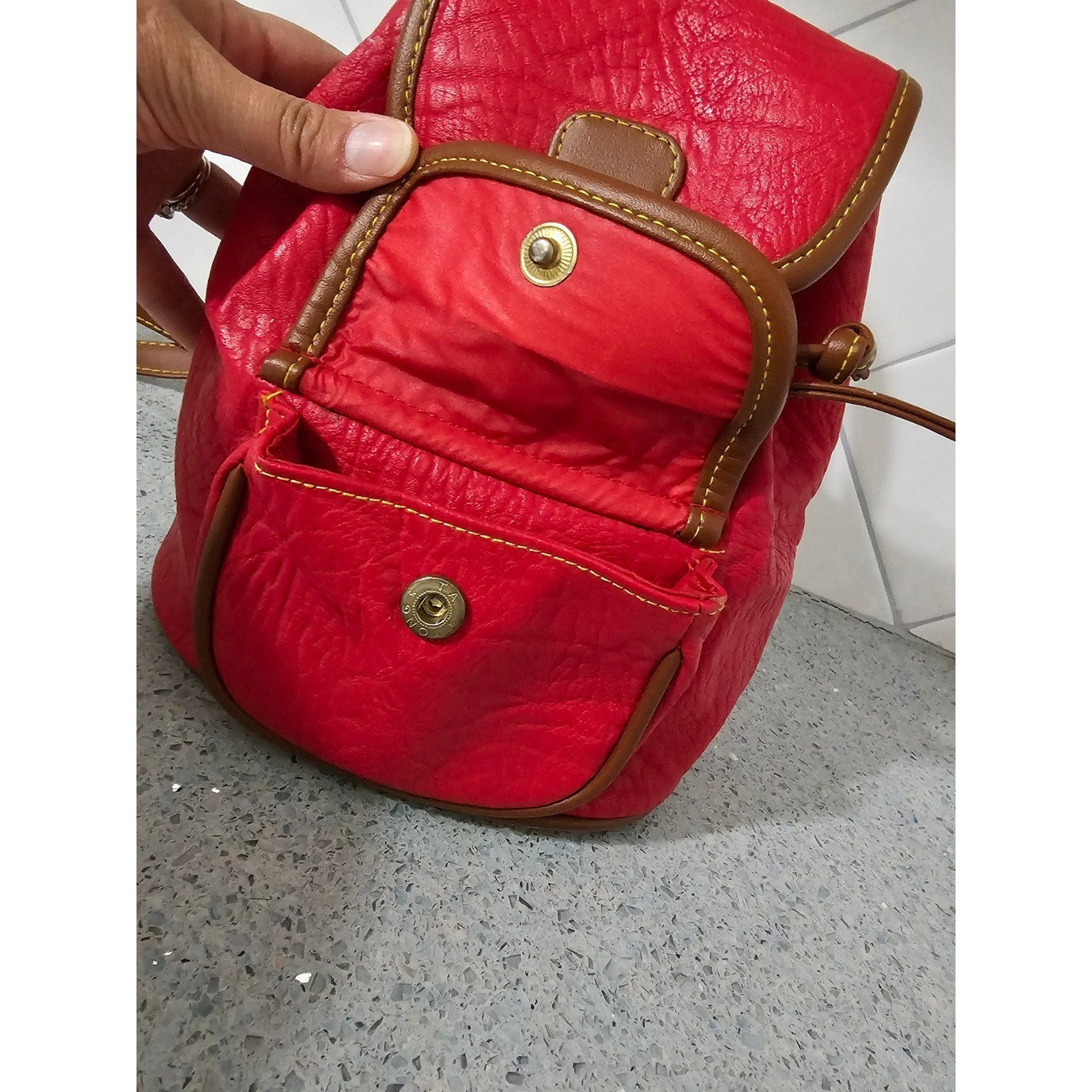 Vintage Mini red Backpack Purse Pull String butto… - image 4