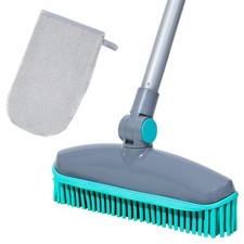 180°Rotating Head Rubber Broom with Squeegee for Pet Hair Removal - 51" Blue