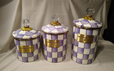 Mackenzie Childs VIOLET CHECK Canisters –Set of 3 -BRAND NEW -Larger Set S,M, L