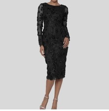 XSCAPE Black Lace Floral Sheath Dress Embroidered Beaded Long Sleeve Size 14