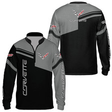 Custom Name Men's Corvette C7 Racing Gray Black 3D Zip Long Sleeve Shirt S-5XL