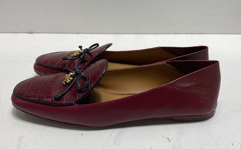 Tory Burch Burgundy Croc Embossed Leather Bow Flats Loafers Women's Size 8.5