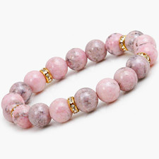 Pink Gray Round Stone Beaded Stretch Bracelet...