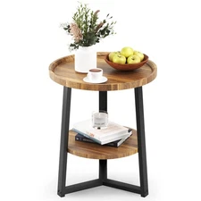 Round End Table, 2 Tier Side Table with Storage Shelf, Nightstand Accent Tabl...