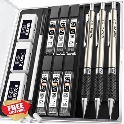 Nicpro 0.7mm Mechanical Pencil Set, 3 PC Metal Drafting Pencils