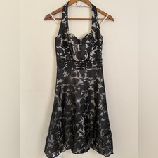 Ann Taylor Elegant formal Black & Gray Halter midi Dress semi sheer panels SZ 0
