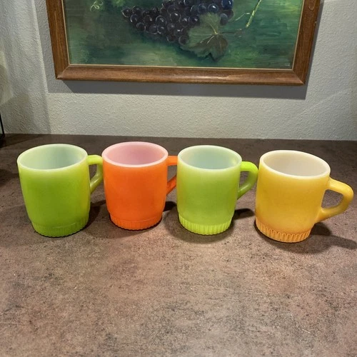 Vintage Fire King Anchor Hocking Ribbed Base Stacking Mugs Set of 4 Stackable