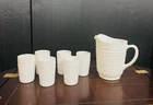Vintage Anchor Hocking White Hobnail Milk Glass 65 Ounce Pitcher WITH 6 Glasses