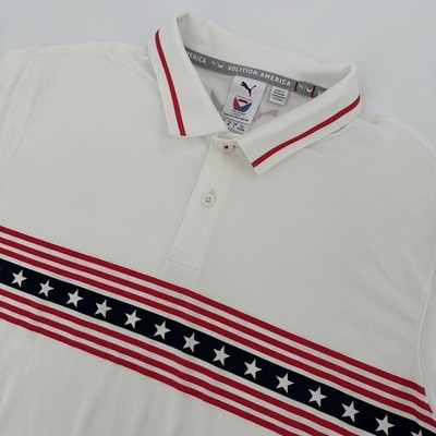 Puma Volition Polo Shirt Mens Medium America White Red Blue Golf Stars USA