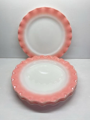 Hazel Atlas Dinner Plates 8 7/8” Plates Set Of 4 Vintage Pink Crinoline Ruffle