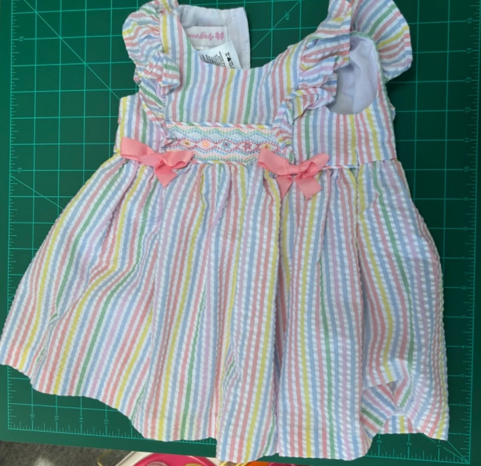 Bonnie Baby Girls’ 2-Piece Seersucker Smocked Pastel Stripe Dress & Bloomer Set - Image 2 of 4