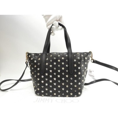 Jimmy Choo Mini Sara Star Studded Grained Leather Crossbody Tote Handbag Black