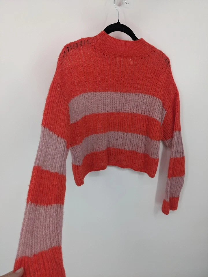 Anthropologie Sweater Womens Medium Red Wool Blend Striped Cropped Mock Neck - Image 3 of 4
