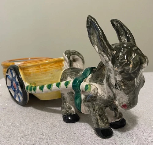 VTG Colorful Ceramic Donkey/Mule with Cart Made in Italy 10.5x5.25” Handpainted