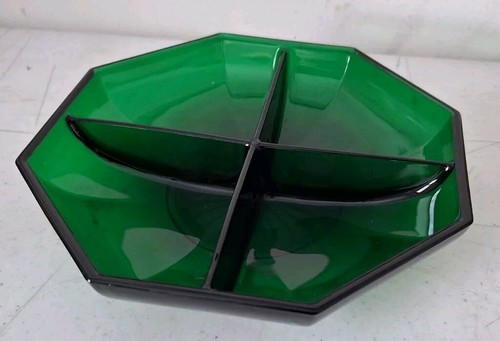 Vintage Art Deco Forest Green Divided Glass Server Relish Candy Tray - Picture 7 of 9