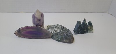 Lot Of 4 Crystal Carved Shaped Healing Stones- Amethyst/Moss Purple Agate 