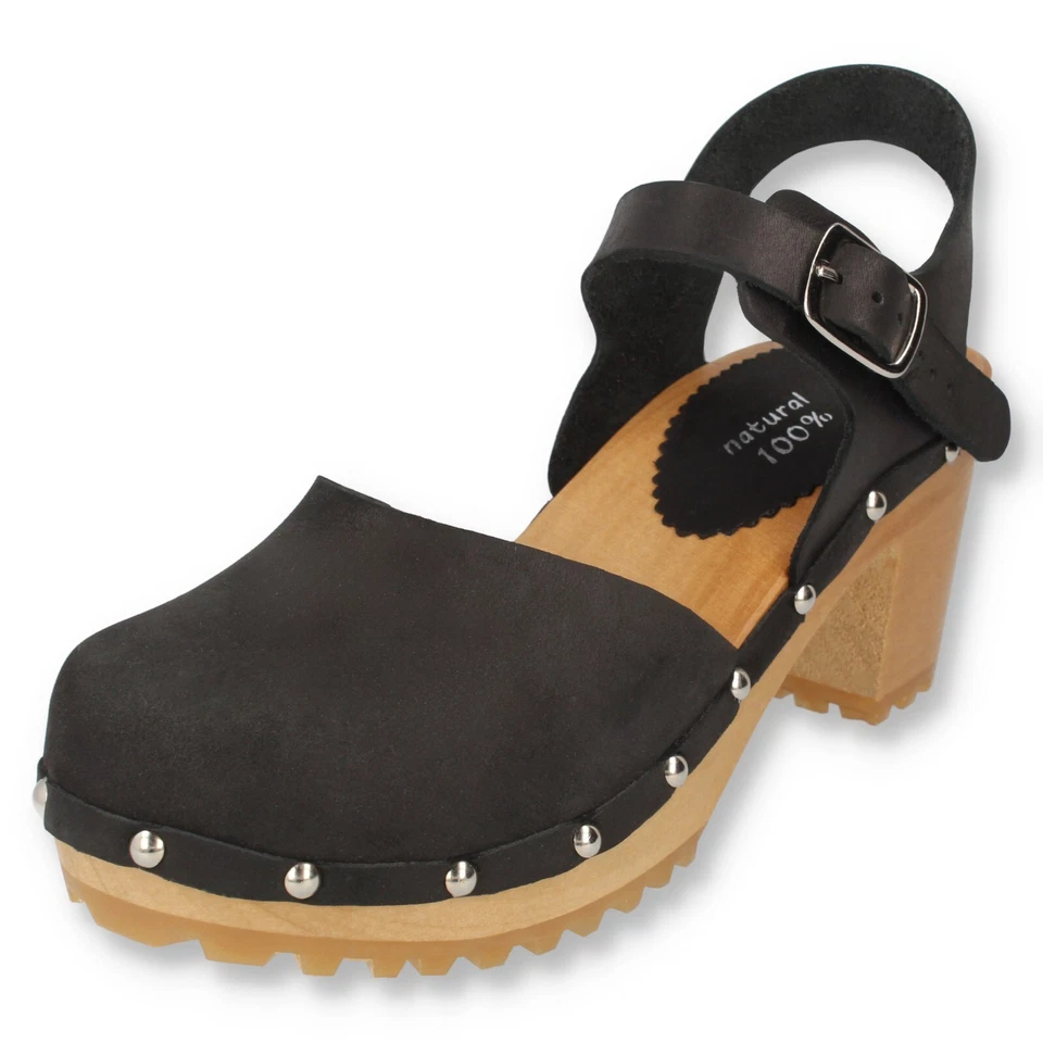 Damen Leder Clog mit Absatz Holzschuh Schwarz Sandalen Gr. 35-41 cloque Battonya - Bild 2 von 4