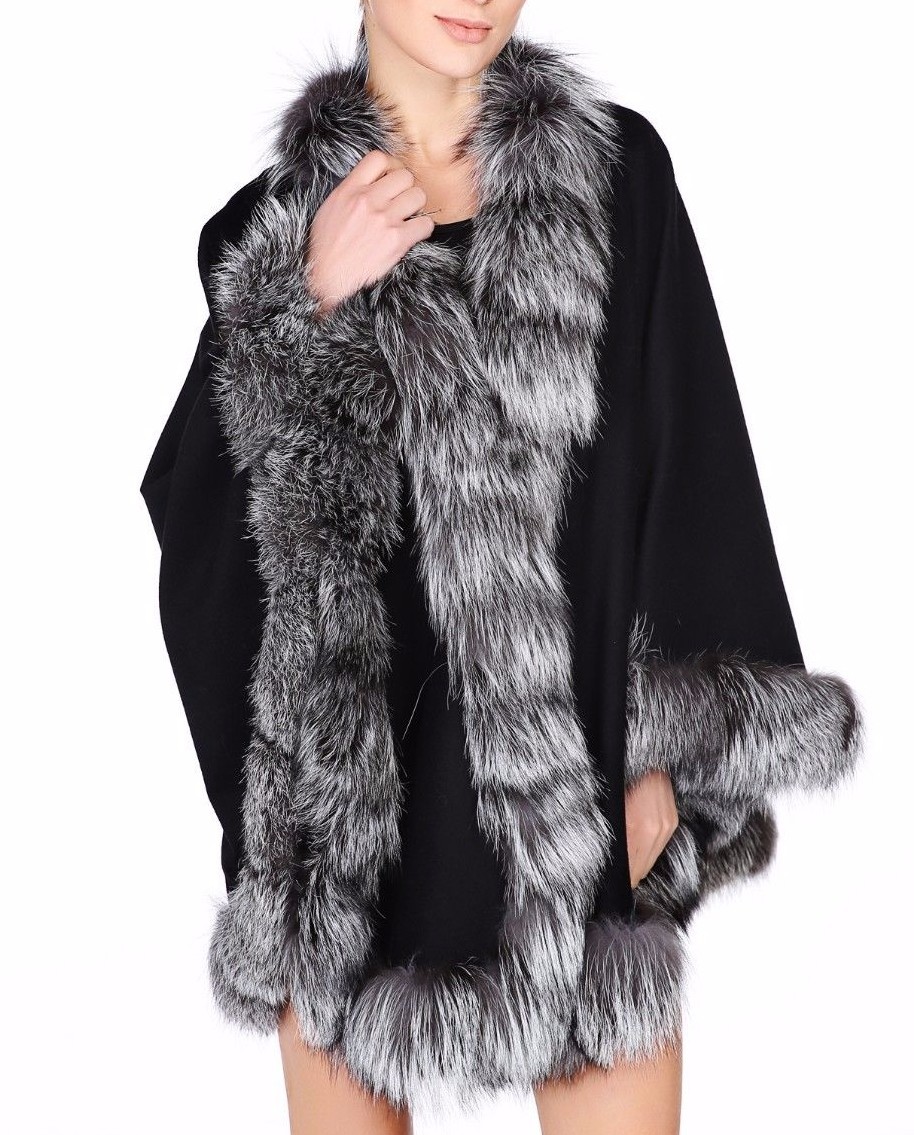 Cashmere Cape Wrap Shawl with Silver Fox Fur Trim New image 4