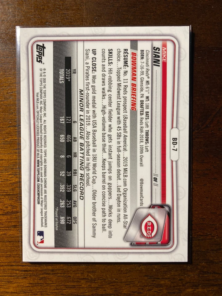 2020 Bowman Draft Sapphire Mike Siani #BD-7 Green /50 Cincinnati Reds - Image 2 of 2