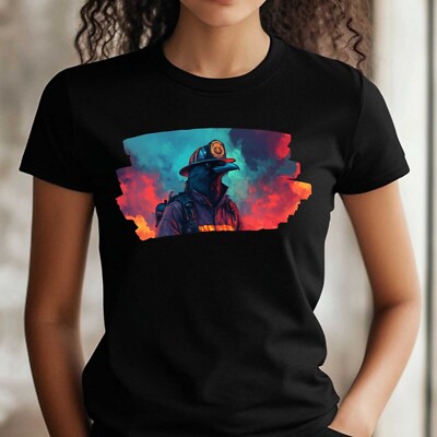 Frauen T-Shirt Krähe als Feuerwehrmann Motiv Baumwolle Größe S bis 3XL