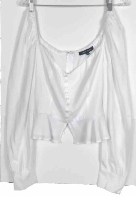 Hand Made In China (Size M) Women s White Long Sleeve Button Down Linen Shirt